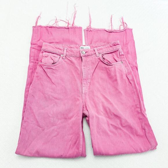 Zara Women's Flared Wide Leg Hot Pink Denim Jeans SZ08 - Picture 4 of 5